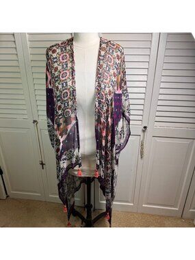 Soft Surroundings abstract Sheer Kimono Tassel Trim Multicolor Lightweight Boho